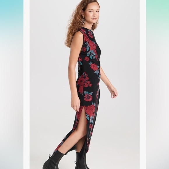 Free People Carmel Black and Red Floral Mesh Stretchy Maxi Dress. Ruched Side. L - Picture 10 of 16